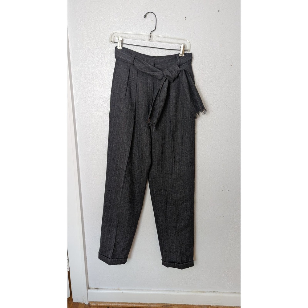 Vintage 80s Savannah Gray Wool Pinstripe High Waisted Belted Wide Leg Pant Sz 8